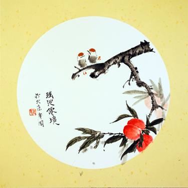 Traditional Chinese Painting: Peaches& Birds thumb