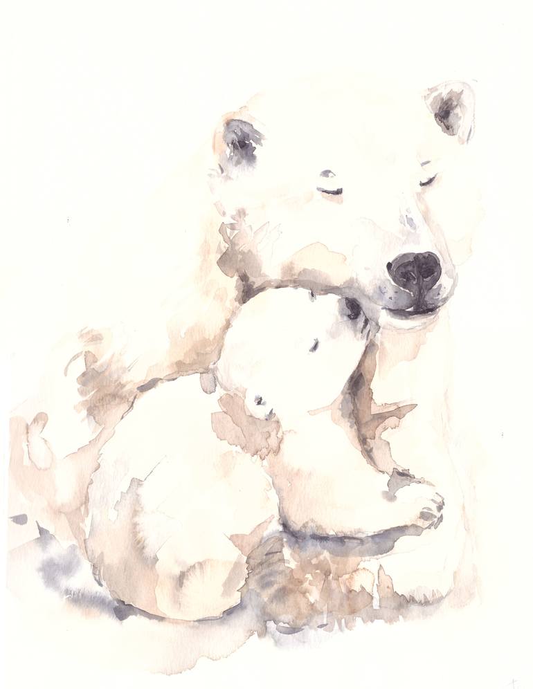 Wall Mural Mama bear and baby bear. Watercolor illustration. Handmade  drawing. 