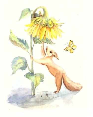 Squirrel and Sunflower Watercolor Illustration thumb
