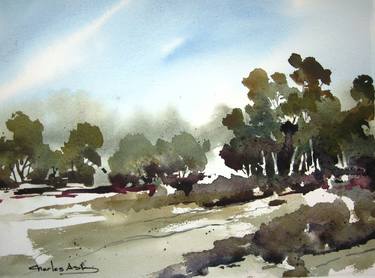 Cottonwoods Along The Acequia - Original Watercolor Painting thumb