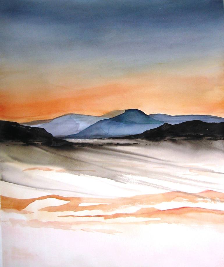 Original Watercolor Painting Mountain Highland Sunrise