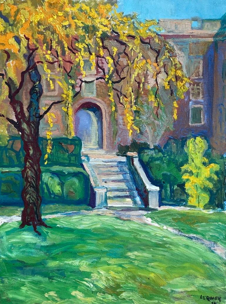 Original Architecture Painting by Ilya Lerner | Expressionism Art on Canvas | Courtyard In Harvard University