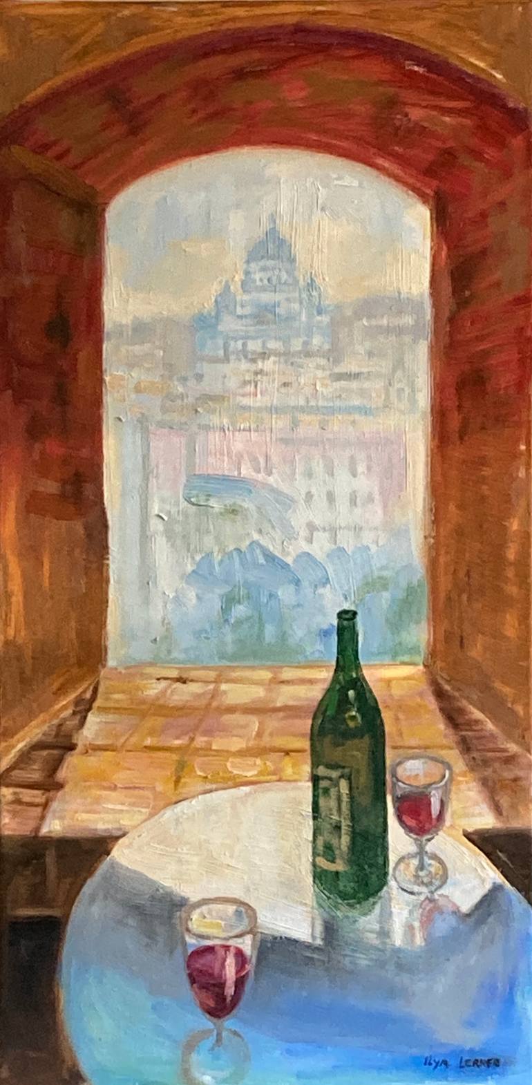 Original Architecture Painting by Ilya Lerner | Contemporary Art on Linen | View of St. Peter's Cathedral from Sant'Angelo Cafe