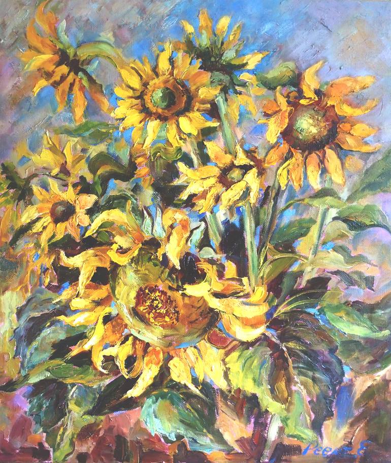 Sunflowers and sky. Painting by Elena Reient | Saatchi Art