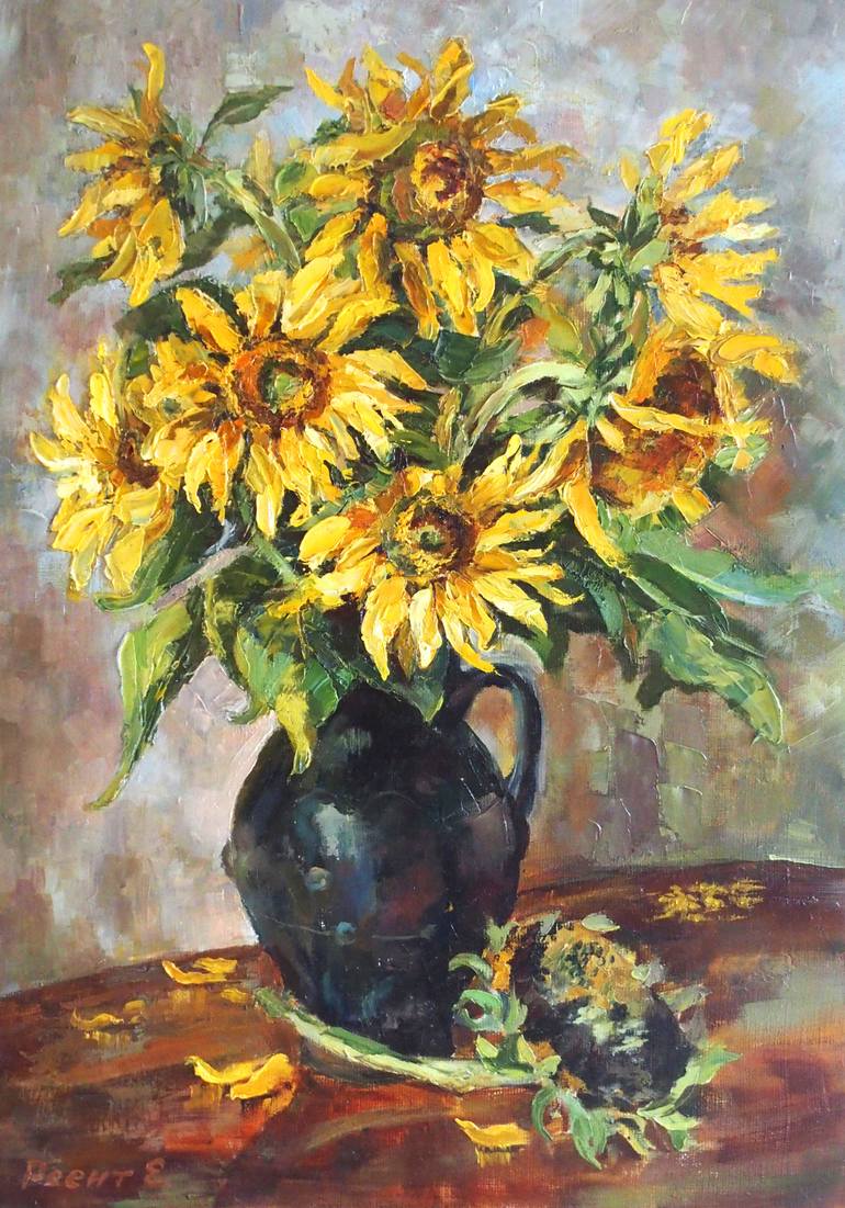 Sunflowers in a black vase. Still life. Painting by Elena Reient