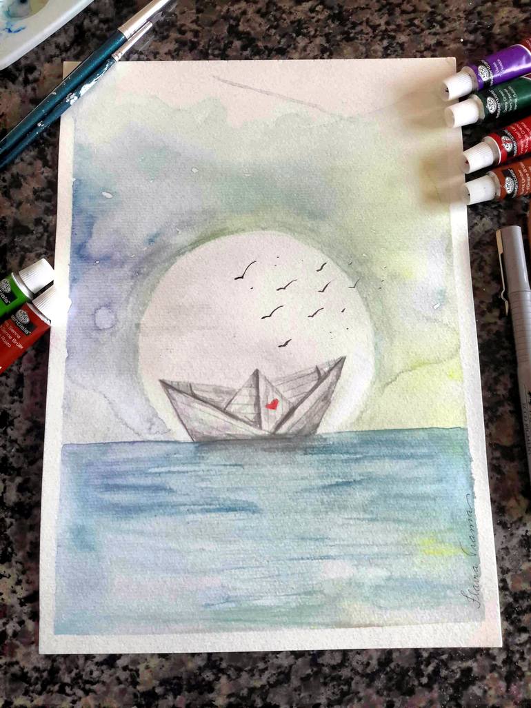 Original Abstract Boat Painting by Flavia Trama