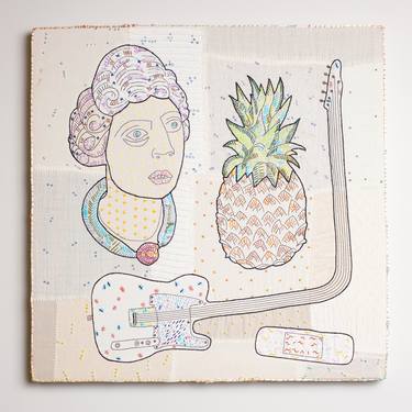 Lady with guitar, pineapple, and bandaid - Embroidered Painting thumb