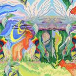Katgaroo drinking from rainbow teardrops mix by Julia Woodman