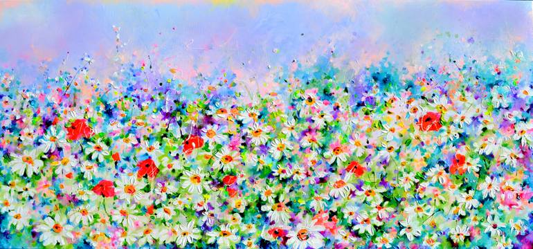 Original Floral Painting by Soos Roxana Gabriela | Color Field Painting Art on Canvas | White Daisy and Red Poppy Field