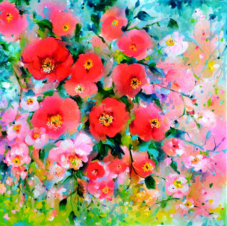 Original Floral Painting by Soos Roxana Gabriela | Impressionism Art on Canvas | Pink and Red Camellias Field