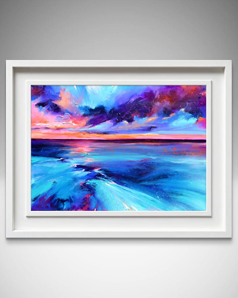 Original Seascape Painting by Soos Roxana Gabriela | Abstract Art on Canvas | Surreal Lights on the Lake - Sunset Seascape