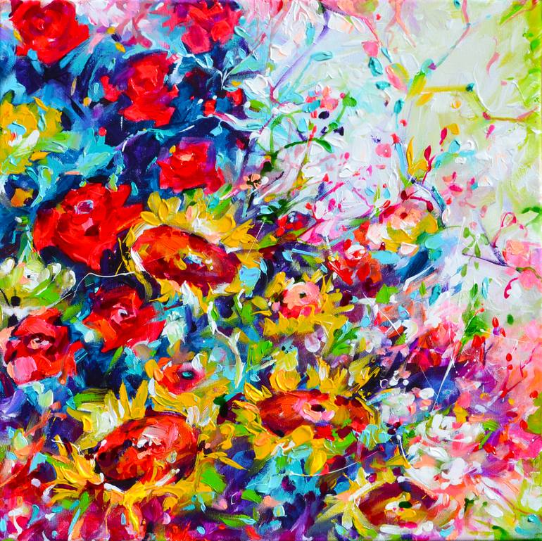 Original Floral Painting by Soos Roxana Gabriela | Color Field Painting Art on Canvas | Red Roses and Sunny Swirls - Hidden Garden Stories