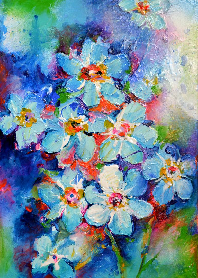 Abstract Relief Modern Blue Flowers Painting Forget Me Not Floral Palette Knife Painting Painting By Soos Roxana Gabriela Saatchi Art