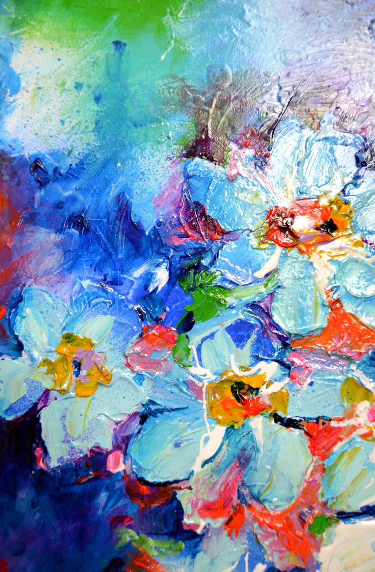 Abstract Relief Modern Blue Flowers Painting - Forget me Not - Floral ...