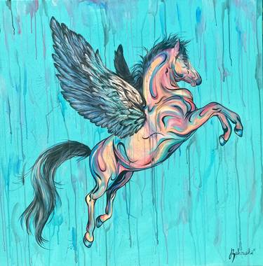 40x40” “Majestic Soar” - Blue And Rainbow Pegasus Painting thumb