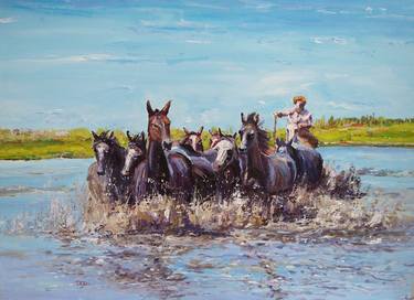 Herd crossing the river thumb