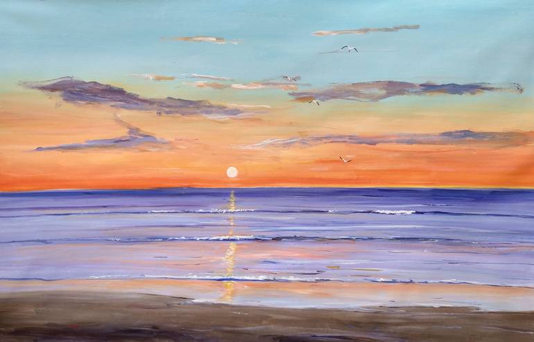 Original Beach Painting by Federico Tesei | Figurative Art on Canvas | Sunset on the beach
