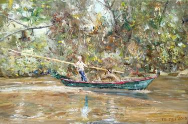 Men with boat in the river thumb