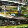In the saavedra park of the city of buenos aires, there was a family on the edge of the lake, playing in its orrilas with a paper boat.

Size: 70 × 100 cm
