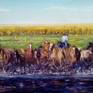 Size: 50 x 90 cm

Depth: 5 cm

This is a typical troop of horses guided by his cowboy in the field.