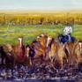 Size: 50 x 90 cm

Depth: 5 cm

This is a typical troop of horses guided by his cowboy in the field.