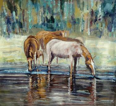 Horses in the river I (100 x 100 cm) thumb