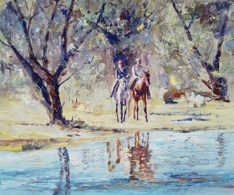 Original Horse Painting by Federico Tesei | Expressionism Art on Canvas | Ride in the river.