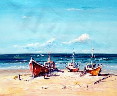 Red boats on the beach. thumb