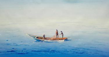 Fishing boats in the blue sea. thumb