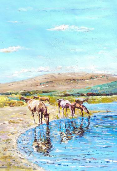 Horses drinking water, in the Andes Mountains thumb