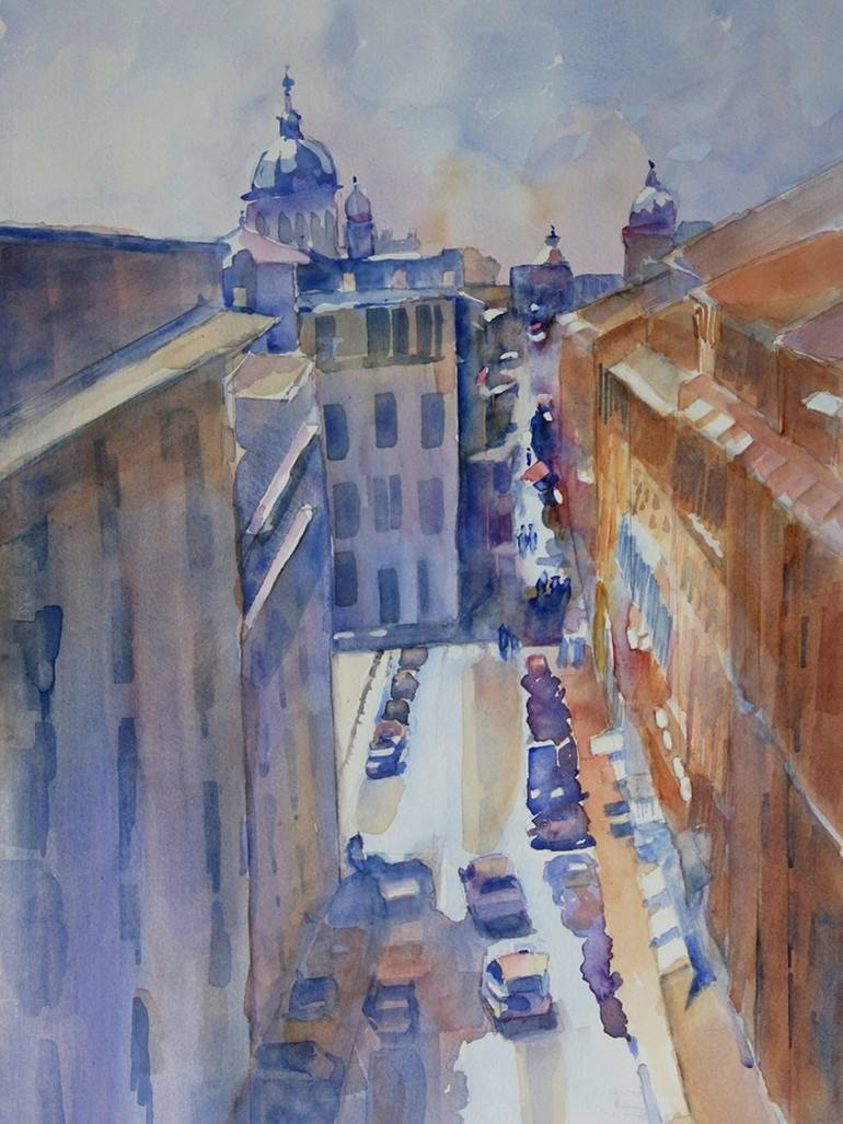 Original Architecture Painting by Bronwen Jones | Impressionism Art on Paper | City Shadows