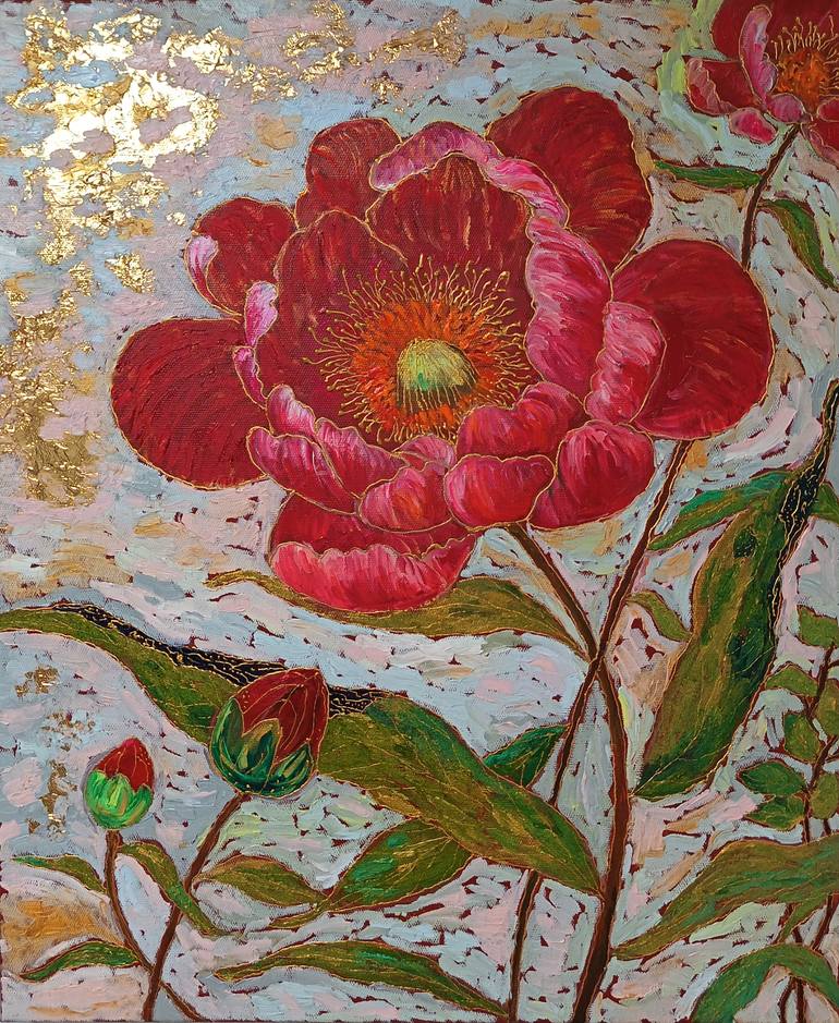 Original Floral Painting by Jie Song | Expressionism Art on Canvas | Red Peonies with Gold Leaf