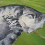My favorite cat, Kitty, sleeps on a striped rug. The picture was painted on a ground canvas (on cardboard) with a diameter of 40 cm.
