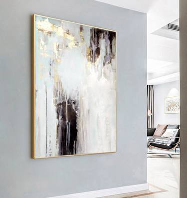 Black and white abstract painting with gold on large canvas thumb
