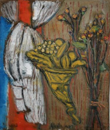 dried flowers, detail of altar and white curtain thumb