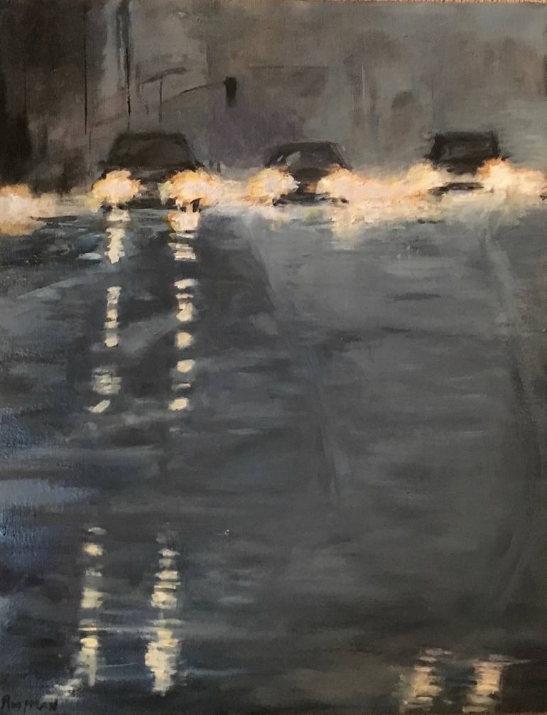 Night Rain Drive Painting by Mindy Roffman | Saatchi Art