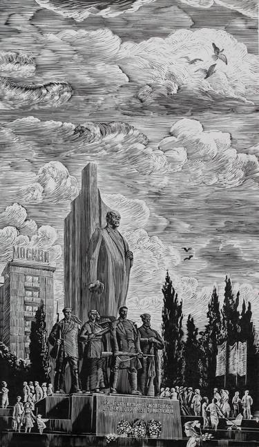 Original linocut Cities Drawing by Mikhail Kulenko