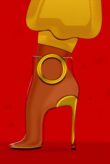 Golden and transparent high heel shoe on red thumb