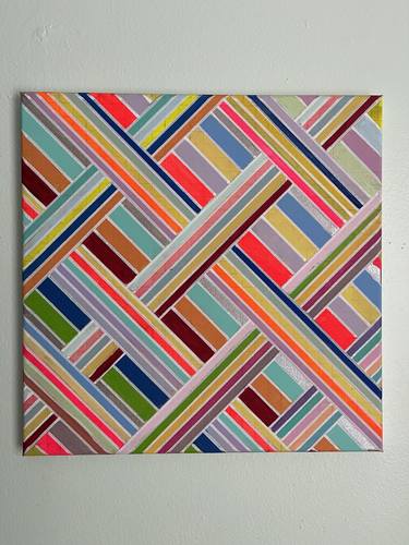 Geometric Multicolor Woven Stripes Acrylic Painting 14x14 thumb
