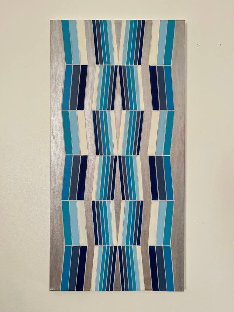 Original Abstract Painting by Amy Illardo | Abstract Art on Canvas | Metallic Silver and Blue Monochromatic Geometric 18x36
