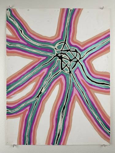 Metallic Blue Neon Pink Coral Black Abstract Line Painting thumb