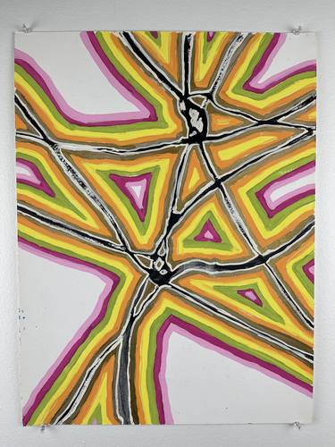 Metallic Gold Pink Green Orange Yellow Abstract Line Painting thumb