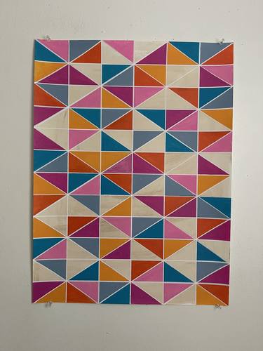 Pink Blue Orange Fuchsia Acrylic on Paper Geometric 24x18 thumb