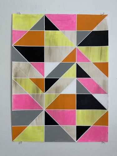 Neon Pink Black Grey Geometric Painting on Paper thumb