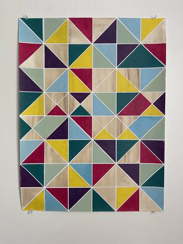 Blue Teal Yellow Red Purple Geometric Painting on Paper thumb