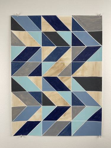 Navy Blue Grey Geometric Painting on Paper 18x24 thumb