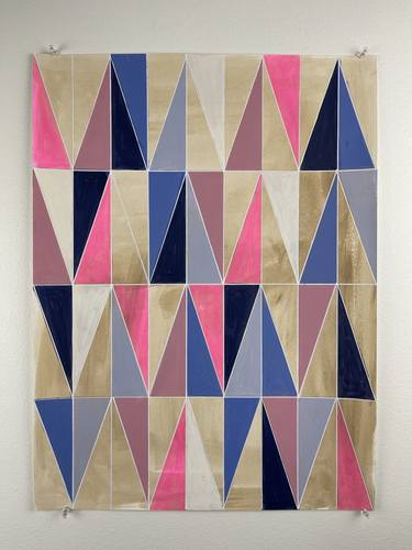 Neon Pink White Navy Purple Geometric Painting on Paper thumb