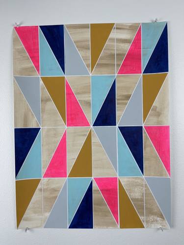 Neon Pink Yellow Blue Grey Geometric Painting on Paper thumb