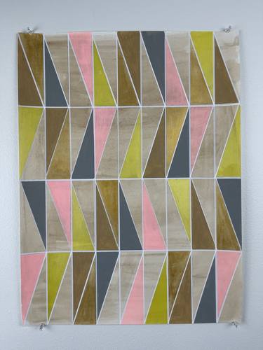 Metallic Gold Pink Grey Yellow Geometric Painting on Paper 18x24 thumb