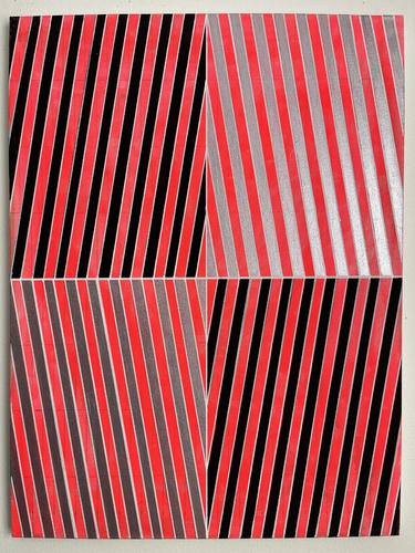 Neon Red Black Metallic Silver Geometric Painting 18x24 thumb